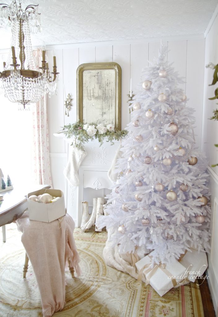 White Christmas tree with blush ornaments