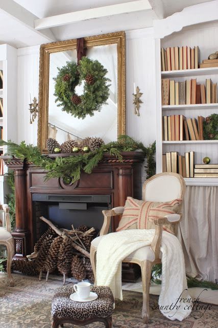 Christmas mantel with pinecones and greens