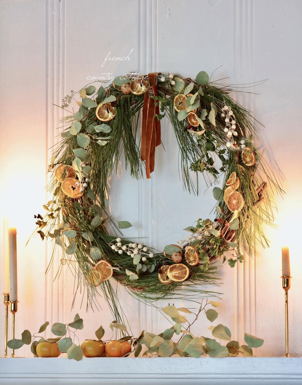 20 Minute DIY Fresh Greens & Orange Holiday Wreath French Country Cottage