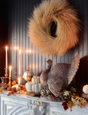autumn mantel with turkey and wreath