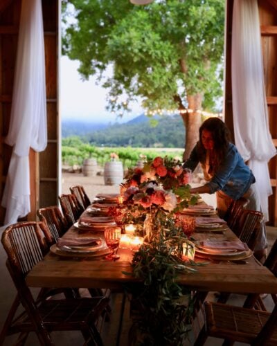 Girls setting flowers on the table