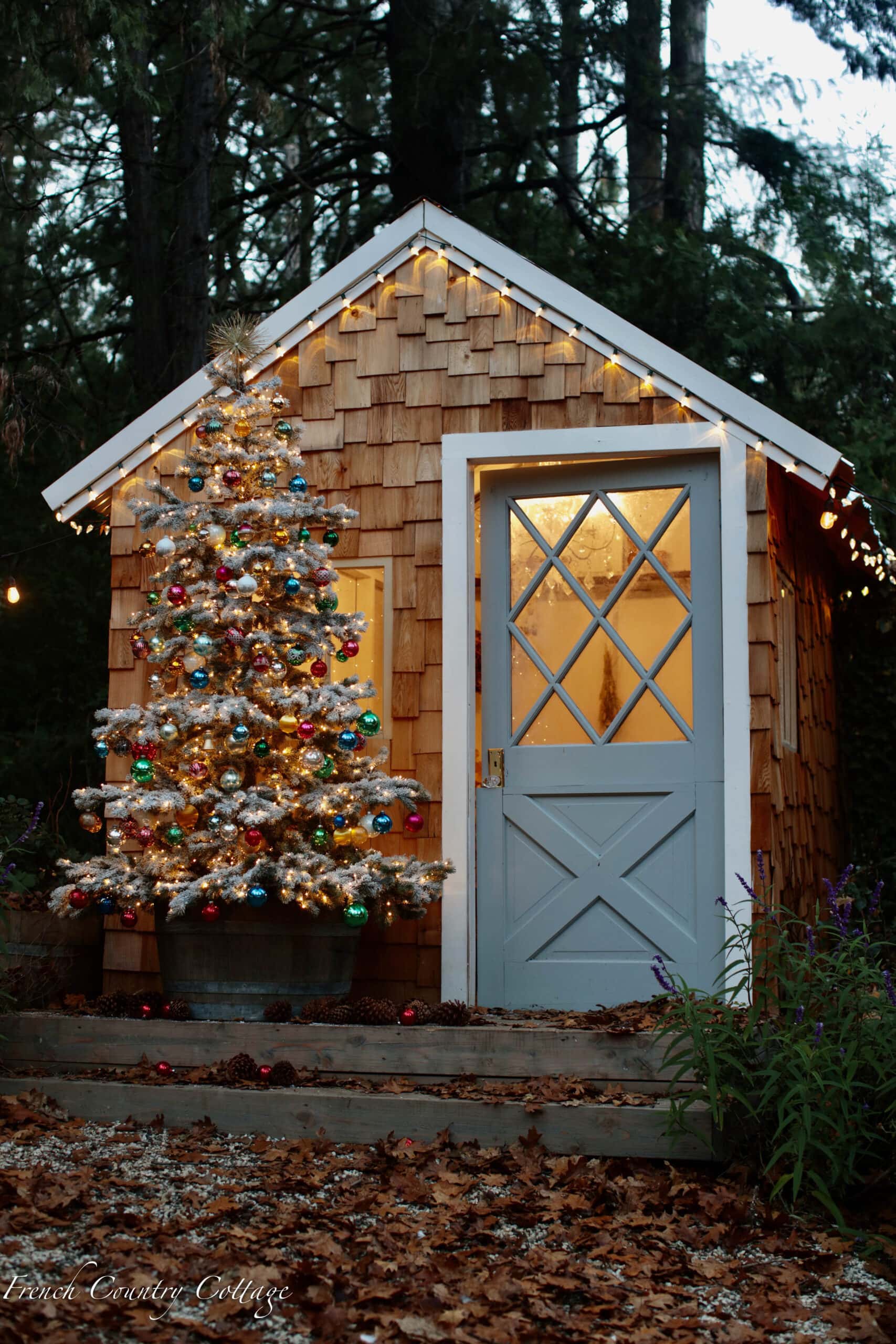 Snowy Vintage Potting Shed Christmas Tree French Country Cottage