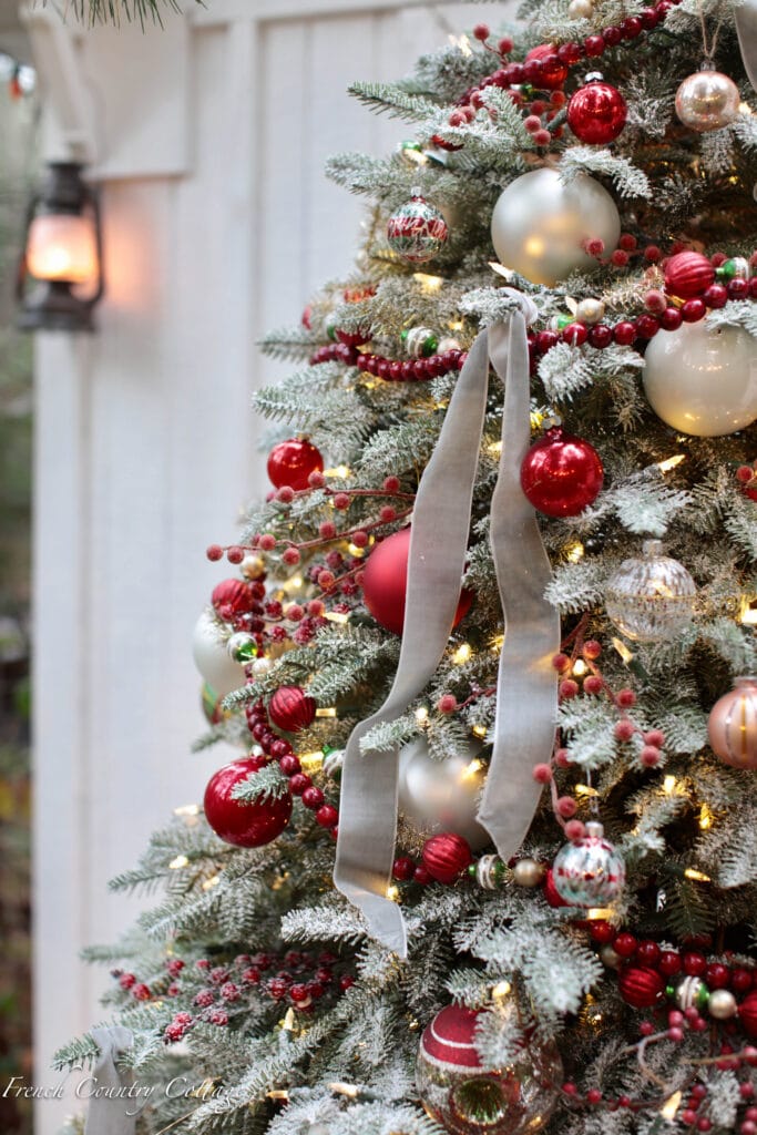 Gray velvet ribbon on Christmas tree