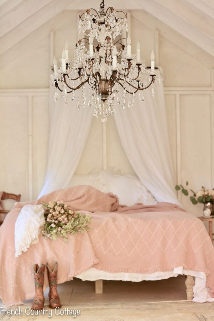 barn bedroom and chandelier 