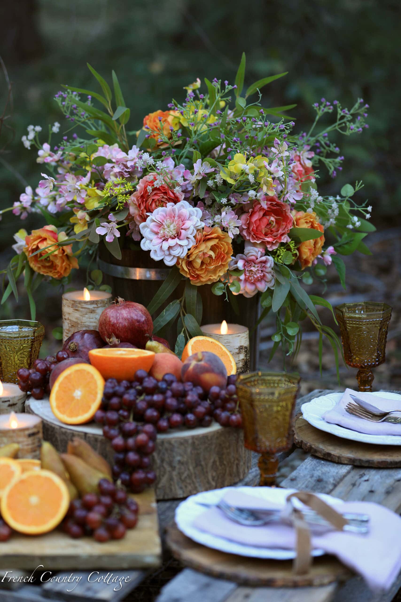 Fruit and Flowers Table Centerpiece details French Country Cottage