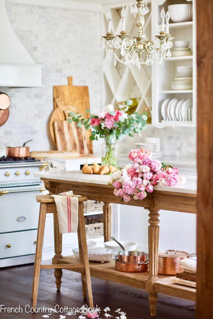 kitchen island with peonies 