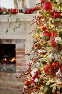 Snowy Red Christmas Tree - French Country Cottage