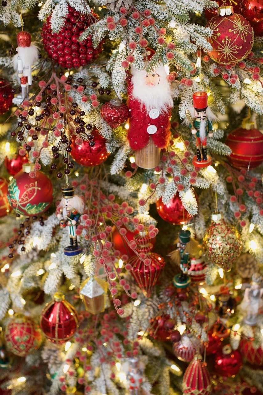 Snowy Red Christmas Tree - French Country Cottage
