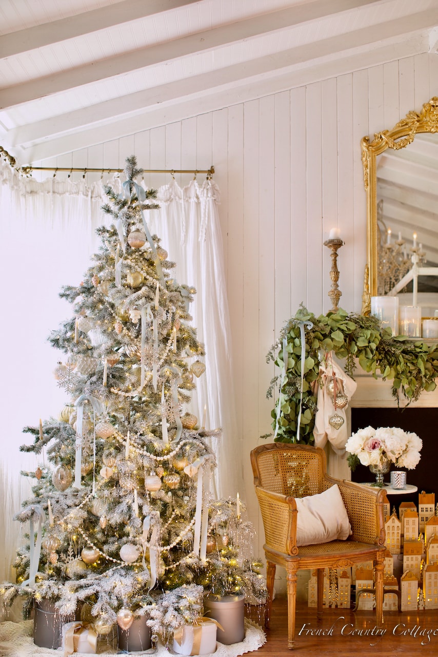 Snowy Silver Christmas Tree - French Country Cottage