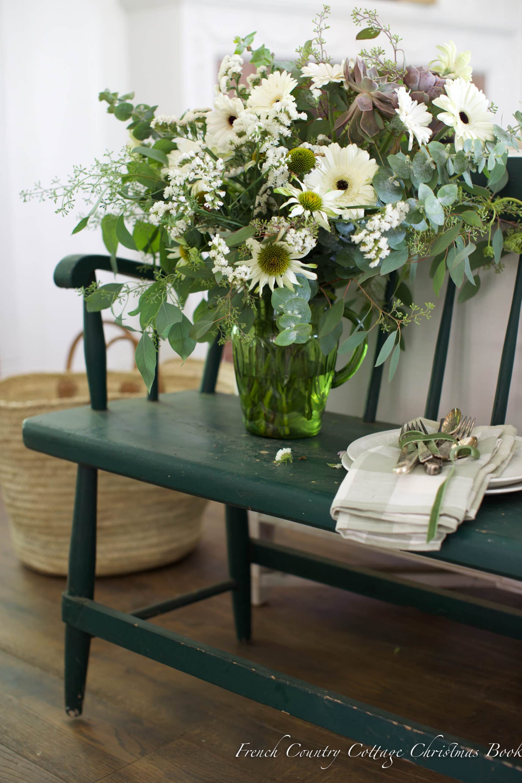 beautiful-vintage-green-bench-french-country-cottage